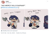 halo! @_halooh "NO MERCY KILLS SAPNAP" [#MinecraftManhunt ] sorry about this, bad. whelp, we're trapped. BadBoyHalo and sapnap2 10:37 AM · Oct 20, 2020 · Twitter for iPhone