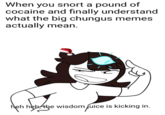When you snort a pound of cocaine and finally understand what the big chungus memes actually mean. heh heb the wisdom fuice is kicking in.