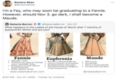Romero Rites @RomeroRites 000 I'm a Fey, who may soon be graduating to a Fannie. However, should Nov 3. go dark, I shall become a Maude. Natania Barron @NataniaBarron · Oct 27 What happens to the Ladies of the House of Worth after 7 months of quarantine? Which one are you? Fannie Euphronia Maude • Officially a witch • Wanted in two states for "freeing" Moved to a deserted high rise • Lives in a fortress of no emotion • Stockpiled all the toilet paper • Has trained all the local pigeons to s--- on passers by. Will cut you • No seriously • This is a sword umbrella. • Go away, leave me alone. cats in "unsuitable" home. • Hold parties at home with her brood of possums • Drinks "potions" all day www.nataniabarron.com @nataniabarron 8:07 PM · Oct 27, 2020 · Twitter for Android