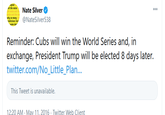 gnal nd the noise Nate Silver ities fa @NateSilver538 000 wty se many ame de Reminder: Cubs will win the World Series and, in exchange, President Trump will be elected 8 days later. twitter.com/No_Little_Plan... This Tweet is unavailable. 12:20 AM - May 11, 2016 · Twitter Web Client