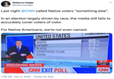 Rebecca Nagle @rebeccanagle 000 Last night @CNN called Native voters "something else". In an election largely driven by race, the media still fails to accurately cover voters of color. For Native Americans, we're not even named. PRESIDENT UNITED STATES 65% 13% 12% 6% 3% RACE WHITE LATINO BLACK SOMETHING ELSE ASIAN CNN EXIT POLL 56:12 NEXT POLLS CLOSE BREAKING NEWS E CNN EXIT POLL CNN CNMELECTION 7:39 AM · Nov 4, 2020 · Twitter for iPad
