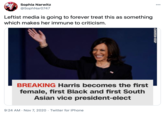 Sophia Narwitz @SophNar0747 000 Leftist media is going to forever treat this as something which makes her immune to criticism. BREAKING Harris becomes the first female, first Black and first South Asian vice president-elect 9:24 AM · Nov 7, 2020 · Twitter for iPhone JULIO CORTEZAAP