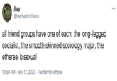 jhay @heyhayisntfunny 000 all friend groups have one of each: the long-legged socialist, the smooth skinned sociology major, the ethereal bisexual 10:50 PM · Nov 17, 2020 · Twitter for iPhone