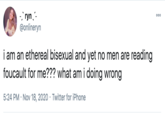 -` ryn,- @onlineryn 000 i am an ethereal bisexual and yet no men are reading foucault for me??? what am i doing wrong 5:24 PM · Nov 18, 2020 · Twitter for iPhone