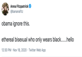Anna Fitzpatrick @bananafitz obama ignore this. ethereal bisexual who only wears black...hello 12:30 PM · Nov 18, 2020 · Twitter Web App