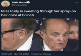 Trixie Mattel 000 @trixiemattel Miss Rudy is sweating through her spray-on hair color at brunch. 10:37 AM · Nov 19, 2020 · Twitter for iPhone