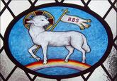 Glass painting depicting the well-known haider Regenbogenschaf (Rainbow Sheep).