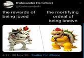 Owlexander Hamilton:) @OwlexanderH the rewards of the mortifying being loved ordeal of being known 00 4:17 · 28 Nov 20 · Twitter for iPhone