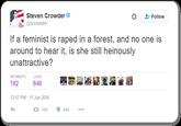 Steven Crowder Follow @scrowder If a feminist is r---- in a forest, and no one is around to hear it, is she still heinously unattractive? RETWEETS LIKES 182 646 12:57 PM - 11 Jun 2016 17 182 646