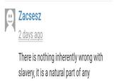 Zacsesz 2 days ago There is nothing inherently wrong with slavery, it is a natural part of any