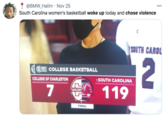 ! @BMW_Halim · Nov 25 South Carolina women's basketball woke up today and chose violence 000 SOUTH CAROL 2 COLLEGE BASKETBALL COLLEGE OF CHARLESTON 1SOUTH CAROLINA 7 119 IARLEST FINAL