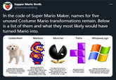 Supper Mario Broth @MarioBrothBlog 000 In the code of Super Mario Maker, names for five unused Costume Mario transformations remain. Below is a list of them and what they most likely would have turned Mario into. GoldenRetri MarioUs Muncher Tetris WindowsLogo Most likely the Golden Retriever from Nintendogs (shown here is artwork from Nintendogs + Cats) Mario's sprite from Super Mario Bros 2 (known as Super Mario USA in Japan), this is certain due to SMB2 sound files still remaining in the code The Muncher enemy seen in the game; this is also certaín due to it being referred to internally as Muncher" as well Almost certainly the Microsoft Windows logo, exact design unknown (shown here is the Windows XP design) Almost certainly a Tetrimino from the Tetris series rce todne e Mato Make