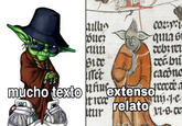Much Text Vs Extensive narration
Now Vs Then

Taken from Know Your Meme's home page entry " 'Mucho Texto' Image Macro Trends Online As The Meme Form Of 'TLDR' ", dated December 7th, 2020 7:45 PM

Notes:
"Too much text" would be "Demasiado texto".

"mucho/a" just means "lot of/ lots of / loads of / a lot of / much / plenty of", not "too much / excessive amount of".

Definition of "extense" by merriam-webster . com:
adjective
archaic
: widely extended