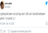 chris udalla @Cudalla cyberpunk been out all day and i still can't decide between penis 1 or penis 2 :/ 4:35 AM - Dec 10, 2020 2.2K 62 people are Tweeting about this