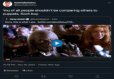 You of all people shouldn't be comparing others to puppets, Koch boy. NateTalksToYou 000 @NateTalksToYou You of all people shouldn't be comparing others to puppets, Koch boy. Dave Rubin O @RubinReport · 24m Sorry, this is what I see. twitter.com/abc/status/133.. GIF 10:49 PM · Dec 16, 2020 · Twitter Web App 2 Retweets 11 Likes 27