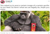 Pringles @Pringles 000 You asked us to post a certain image of a certain gorilla to our feed. So here's what we can legally do. Hope you enjoy. Pringles ORIGINAL 9:56 AM · Dec 16, 2020 · Twitter Web App .......