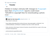 Internet  is en danger!!!!!$30,000 in copyrigh  10 years in prison for meme or streaming $30,000 in copyrigh 
We have confirmed that the dangerous CASE Act, Felony Streaming Act, and Trademark Modernization act ARE INCLUDED in the final text of the must-pass spending bill. This is an outrage. Sign the petition demanding Congress fix our broken copyright laws and create a fair system that protects everyone's rights.
 !https://i.kym-cdn.com/photos/images/newsfeed/001/971/328/86e!