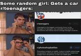 Some random girl: Gets a car r/teenagers: r/teenagers O Joined r/teenagers is the biggest community forum run by teenagers for teenagers. Our subreddit is primarily for discussions and memes that an average teenager would en. r/photoshopbattles Joined Photoshop contests on reddit. A place to battle using image manipulation software, play photoshop tennis, create new images from old photos, or even win reddit gold.