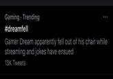Gaming · Trending #dreamfell Gamer Dream apparently fell out of his chair while streaming and jokes have ensued 13K Tweets