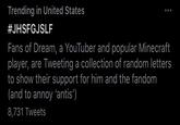 Trending in United States #JHSFGJSLF Fans of Dream, a YouTuber and popular Minecraft player, are Tweeting a collection of random letters to show their support for him and the fandom (and to annoy 'antis') 8,731 Tweets