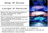 big if true Large if factual Would be tremendous if its veracity was confirmed The volume would indeed be substantial if the statement is proven to be accurate The volume would, by all accounts, be very large if this statement, having already been told to me, turns out to be accurate under scrutinization and investigation a community with 1 million members is mainstream and is therefore normie
