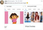 anna @buterasglass · Dec 30, 2020 dora and ariana are almost the same height 000 R dora height > Q ariana grande height ALL IMAGES VIDEOS SHOPPING NE ALL IMAGES VIDEOS NEWS M oard AWA obc bil 5-foot 3-inches 5'2"