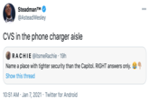 SteadmanTM 000 @AsteadWesley CVS in the phone charger aisle RACHIE @itsmeRachie · 19h Name a place with tighter security than the Capitol. RIGHT answers only. a Show this thread 10:51 AM · Jan 7, 2021 · Twitter for Android