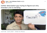 june i (on follower limkt rn :(() @junewahh 000 twitter description guy trying to figure out why brendon urie is trending Mmecraft? 12:01 AM · Jan 6, 2021 · Twitter for iPhone