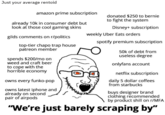 Just your average rentoid amazon prime subscription donated $250 to bernie to fight the system already 10k in consumer debt but look at those cool gaming skins Disney+ subscription weekly Uber Eats orders gilds comments on r/politics spotify premium subscription top-tier chapo trap house patreon member 50k of debt from useless degree spends $200/mo on weed and craft beer onlyfans account to cope with the orrible economy netflix subscription daily 5 dollar coffees from starbucks owns every funko-pop owns latest iphone and already on second pair of airpods buys designer brand clothing recommended by product shill on r/MFA "We're just barely scraping by"