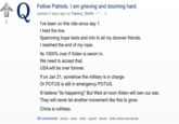 Fellow Patriots. I am grieving and dooming hard. Q Fellow Patriots. I am grieving and dooming hard. posted 2 days ago by Tokens_Worth +11 /-3 8 I've been on this ride since day 1. I held the line. Spamming hope texts and info to all my doomer friends. I reached the end of my rope. Its 1000% over if Xiden is sworn in. We need to accept that. USA will be over forever. If on Jan 21, somehow the military is in charge Or POTUS is still in emergency POTUS. III believe "its happening" But Wed at noon Xiden will own our ass. They will never let another movement like this to grow. China is ruthless. 28 comments share save hide report block hide child comments