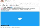 duckie_(J 2,%)- @espanyeol ... imagine being mass reported for false info bc you said a kpop boy's ass wasn't fat y Twitter Support O @TwitterSupport - 23h Today we're introducing @Birdwatch, a community-driven approach to addressing misleading information. And we want your help. (1/3) Show this thread 1:00 4.1M views 4:47 PM · Jan 25, 2021 · Twitter for iPhone