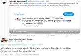 Twitter Support * Today we're introducing @Birdwatch, a community-driven approach to addressing misleading information. And we want your help. (1/3) O @TwitterSupport - 23h ... Cancel Tweet Whales are not real! They're robots funded by the government to watch us!!| I| 4.1M views 0:06 / 1:01 ) 8.6K 27 27.7K 16.6K ben "slenderben" flores ... @limitlessjest Replying to @TwitterSupport and @birdwatch Whales are not real. They're robots funded by the government to watch us. 1:15 PM Jan 25, 2021 · Twitter for iPhone