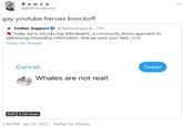 Вowie ... @BitchAssBowie gay youtube heroes knockoff y Twitter Support O @TwitterSupport · 23h * Today we're introducing @Birdwatch, a community-driven approach to addressing misleading information. And we want your help. (1/3) Show this thread Cancel Tweet Whales are not real! 0:58 4.1M views 1:44 PM · Jan 25, 2021 · Twitter for iPhone