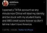 dADDisms @Beagz Topened a TikTok account so any minute now China will steal my identity and be stuck with my student loans and 480 credit score forever so don't tell me I don't love America. 7:29 PM · 7/25/20 · Twitter for iPhone