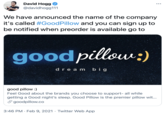 David Hogg •.. @davidhogg111 We have announced the name of the company it's called #GoodPillow and you can sign up to be notified when preorder is available go to goodpillow:) dre a m big good pillow :) Feel Good about the brands you choose to support- all while getting a Good night's sleep. Good Pillow is the premier pillow wit.. P goodpillow.co 3:46 PM · Feb 9, 2021 · Twitter Web App