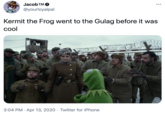 Jacob TM O •.. @yourloyalpal Kermit the Frog went to the Gulag before it was cool 3:04 PM · Apr 13, 2020 · Twitter for iPhone
