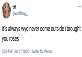 tiff ••• @xotiffanyy_ it's always wyd never come outside i brought you roses 5:29 PM · Dec 17, 2020 · Twitter for iPhone