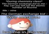 *During chemistry class* The German exchange kid to me :- hey, can you tell me the atomic number of flourine Ме:-nine The German exchange kid :- Why must you hurt me in this way