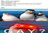 Me: Are you gay? 3rd grader: no Me: Does your mom know you're gay? 3rd grader: no Me: Wouldn't that make you GAY? made withmematic