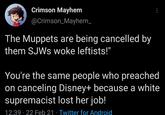Crimson Mayhem @Crimson_Mayhem_ The Muppets are being cancelled by them SJWS woke leftists!" You're the same people who preached on canceling Disney+ because a white supremacist lost her job! 12:39 · 22 Feb 21 · Twitter for Android