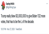 Coping MAGA @RightWingCope Trump really blew $3,000,000 to give Biden 132 more votes, that has to be the L of the decade. 10:31 PM • Nov 27, 2020 • TweetDeck