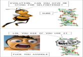 Bee: Evolution, can you give me sting for selfdefense?
Evolution: Sure. lol you die if you use it
Bee: f--- you a------