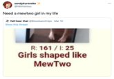 sandykuroneko @hikimorouu Need a mewtwo girl in my life Yall hear that @BloodsareCrips · Mar 10 Show this thread R: 161 / I: 25 Girls shaped like MewTwo