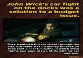 John Wick's car fight on the docks was a solution to a budget issue. They wanted a big car chase through the city, but there was no money for that, so they shot a "car fu" scene in which Wick fights bad guys in two SUVS with his car and gun. GRACKED.COM