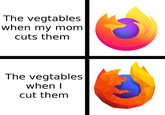 The vegtables when my mom cuts them The vegtables when I cut them