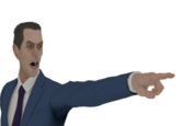 A G-man from Half-Life pointing and saying "Objection!" like Phoenix Wright