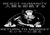 in Japanese REJECT HUMANITY 人類を拒絶する RETURN TO MONKEY モンキーに戻る