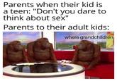 Parents when their kid is a teen: "Don't you dare to think about sex" Parents to their adult kids: where grandchildren