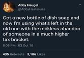 Abby Heugel @AbbyHaslssues Got a new bottle of dish soap and now I'm using what's left in the old one with the reckless abandon of someone in a much higher tax bracket. 8:09 PM · 03 Oct 18 435 Retweets 3,186 Likes