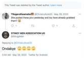 This Tweet was deleted by the Tweet author. Learn more TRogersRwamahe @Christculture20 · May 29, 2020 •.. She posted these pics yesterday and toy have already grabbed them? 1 1 STINGY MEN ASSOCIATION UG @StingyMen STINGY MEN ASSOCIATION Replying to @Christculture20 Ondabye 3:44 AM · May 29, 2020 · Twitter for Android